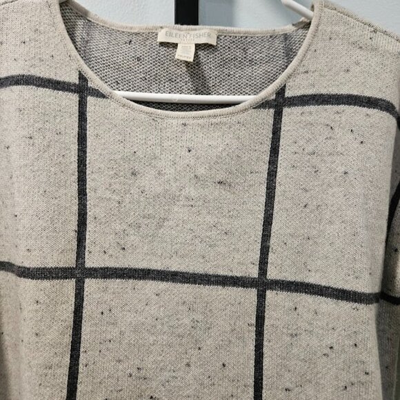 Eileen Fisher Wool Organic Cotton 3/4 Sleeves Peppered Windowpane Sweater PP - Picture 6 of 13